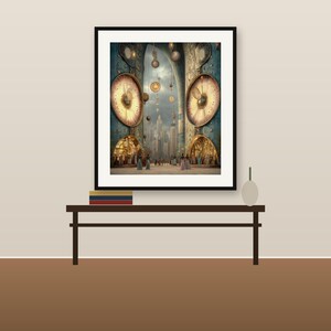 Katedralväggkonst, Rosenfönsterstaden inramad tavla, Drömsk Boho Surrealistisk Dekor bild 3