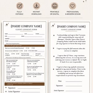 May include: A two-page professional client consent form template for lash artists. The document includes fields for personal information, medical history, and liability waivers. It features a clean, modern layout with black text on a light background.