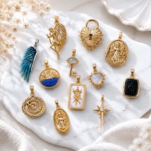 Vintage Spiritual Charms, Angel Pendant Necklace Charm, Sacred Heart Evil Eye Key Charm, Gothic Gold Jewelry Making Pendant