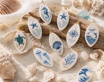 Ocean Charm Pendant, Hand Painted Sea Ceramic Jewelry, Coastal Necklace Charm, Nautical Gift, Beach Lover Jewelry, Blue White Ocean Pendant