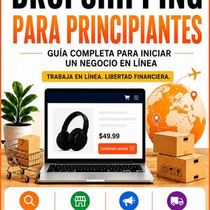 May include: An ebook cover titled DROPSHIPPING PARA PRINCIPIANTES by Ronaldo Delima. It features a laptop displaying headphones, a shopping cart with a box, a globe with flight paths, and four icons representing business steps on a wooden surface.