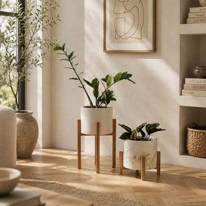 Soporte para plantas, soporte de madera para plantas de interior, soporte para macetas de estilo moderno de mediados de siglo.