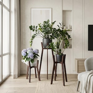 Peut inclure: Trois supports pour plantes en bois brun foncé de hauteurs variées. Le plus haut supporte une plante ZZ dans un pot gris texturé. Un deuxième supporte une plante ZZ dans un pot gris lisse. Le plus petit supporte un bouquet d'hortensias bleus.
