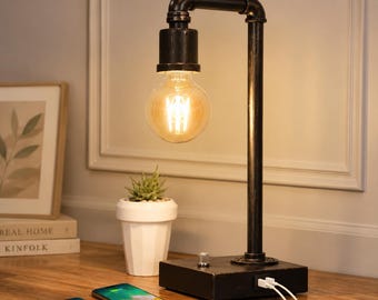 Industrial Table Lamp Steampunk Bedside Lamp USB C USB A Charging Dimmable Metal Pipe Edison Desk Lamp Bedroom Dorm Farmhouse Decor