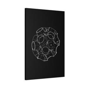 May include: A rectangular canvas print featuring a black background with a white line drawing of a complex geometric sphere. The sphere is composed of multiple interconnected cylindrical tubes and faceted panels, rendered in a technical blueprint style.