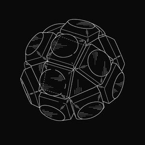 May include: A white line drawing of a complex geometric polyhedral object on a black background. The structure consists of multiple interconnected cube-like segments, each featuring a circular face, creating a spherical, multi-faceted form.