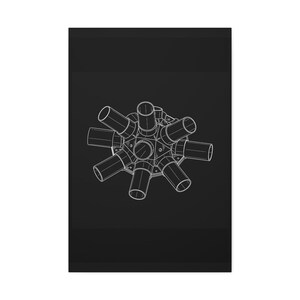 May include: A black poster featuring a white line drawing of a multi-directional cylindrical connector hub. The technical illustration displays a central geometric core with eight radiating tubes extending outward in a radial pattern.