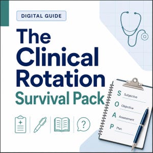 Peut inclure: Un guide numérique intitulé The Clinical Rotation Survival Pack avec du texte bleu foncé sur fond blanc. Il présente une icône de stéthoscope, un presse-papier avec des notes SOAP, un stylo et des icônes de dossier médical, stylo, livre et point d'interrogation.