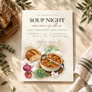 Peut inclure: Une carte d'invitation rectangulaire pour une soirée soupe. Le texte indique : You are invited to a Soup Night, come warm up with us, Soup-Warm Hearts-Great Company, Saturday Oct 25, 5:00 PM, 123 Anywhere St., Any City, ST 12345, RSVP +123-456-7890.