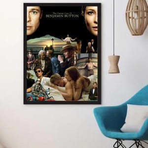 May include: A framed movie poster for The Curious Case of Benjamin Button featuring a collage of scenes and characters from the film. The poster has a black background with the title text at the top and various images of people in different settings.