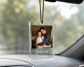Custom Photo Car Charm, Personalized Acrylic Rearview Mirror Ornament, Drive Safe Gift