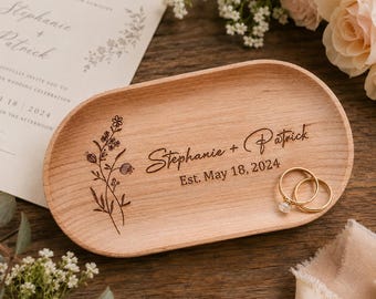 Personalized Wooden Ring Dish Engraved Wedding Ring Holder for Couples