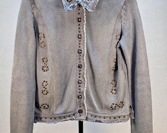 PBJ Blues VTG Denim Stickad Jacka Med Nitar Kofta Blå Ramie Bomull Small Y2K