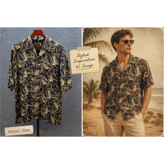 Bugle Boy Classics Camp Shirt Mens L Navy 70% Silk Tropical Palm Excellent