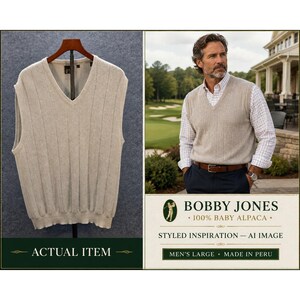 Pode incluir: Um colete de malha bege com decote em V e padrão de canelado vertical. A peça é exibida num cabide e também sobre uma camisa de manga comprida aos quadrados brancos e azuis. O texto na imagem inclui BOBBY JONES 100% BABY ALPACA.