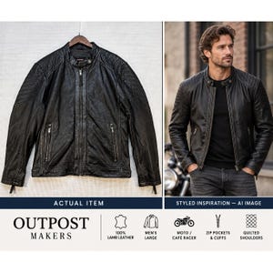 Outpost Makers Arne Mens Black Leather Moto Racer Jacket (L) Lambskin VTG Tanned