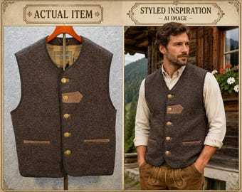 Landhaus Chaleco de Lana Hombres Gris Carbón Medio Excelente Vintage 80s 90s Trachten