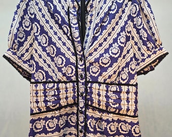 Vintage Anthropoligie Fei 100% Silk Blouse Blue White Puff Sleeve Lace Trim (4)