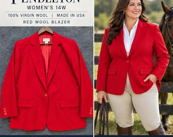 Blazer Pendleton de lã feminino plus size 14W vermelho, fabricado nos EUA, excelente para equitação.