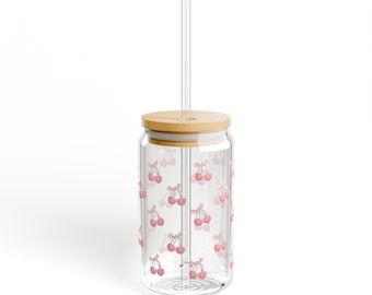 Glazen beker met kersenprint, bamboe deksel en rietje | IJskoffiekop van 16 oz