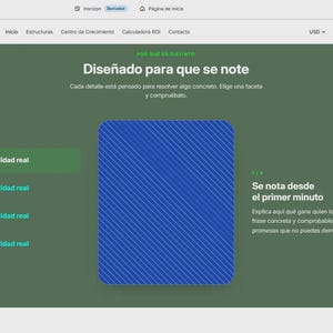 May include: A digital website interface design featuring a dark green background with a central blue square containing diagonal white lines. The text reads Diseñado para que se note, Comodidad real, and Se nota desde el primer minuto in Spanish.