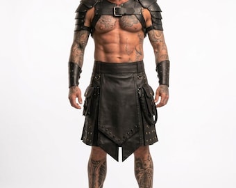 Black Genuine Leather Gladiator Kilt Shoulder Armor Harness Set Viking Warrior Cosplay Costume Bracers Outfit Custom Size