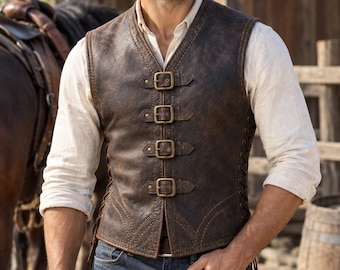 Leather Vest Men, Handmade Brown Distressed Leather Waistcoat, Custom Gothic Steampunk Vest, Western Biker Vest Buckle Lace Up,Gift for Him