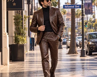 Handmade Men's Brown Crocodile Embossed Leather Suit, Blazer and Pants Set, Genuine Leather, Custom Size, Wedding Groom Party Gift for Him