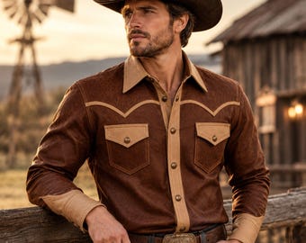 Op de afbeelding: Een donkerbruine suède cowboyhoed en een overhemd met lange mouwen en knoopsluiting, bestaande uit een donkerbruine romp met contrasterende beige suède accenten op de kraag, manchetten, knoopsluiting en de flappen van de borstzakken.