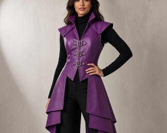 Custom Handmade Purple Leather Vest for Women, Asymmetric Waistcoat with Stand Collar, Gothic Steampunk Outfit