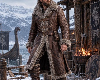 Mens Viking Leather Coat, Handmade Shearling Fur Collar Trench, Custom Brown Distressed Belted Coat, Medieval Norse Warrior Costume Gift