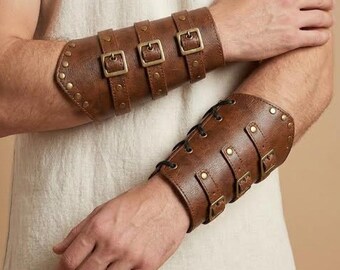 Brown Leather Arm Bracers Vambraces Pair Buckle Strap Lace Up Wrist Guards Medieval Viking Steampunk Archery Gauntlets Custom Size