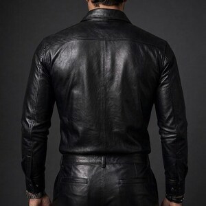Op de afbeelding: Een zwart leren overhemd met lange mouwen, een puntkraag en zichtbare stiksels, gecombineerd met een bijpassende zwarte leren broek met achterzakken en een tailleband met riemlussen, gezien vanaf de achterkant.