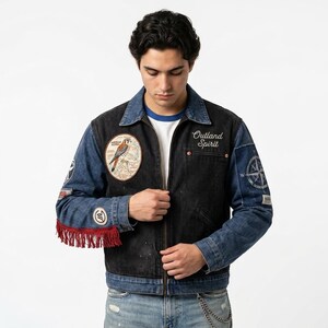 Op maat gemaakte handgemaakte western denim jas voor heren, patchwork spijkerjas in trucker-stijl, geborduurde cowboy-, country-, concert- en rodeo-stijl, geschikt voor ranchkleding.