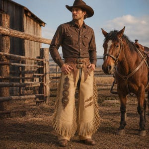 Handgjorda cowboychaps i äkta mocka för män | Bruna Western Fringe Shotgun-chaps | Anpassad Ranch Rodeo-ridutrustning, Broderade chaps