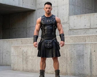 Custom Handmade Black Leather Kilt with Buckle Harness for Men, Gladiator Warrior Costume, Utility Kilt with Pockets and Cuffs