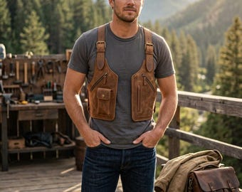 Tan Brown Leather Shoulder Holster Bag Dual Underarm Travel Bag Harness Utility Vest Bag Steampunk Anti Theft Pockets Custom Size