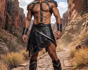Custom Handmade Leather Harness and Kilt Set for Men, Spartan Gladiator Warrior Costume, Halloween Roman Cosplay Outfit