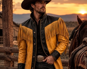 Men's Leather Western Fringe Jacket, Handmade Black Gold Cowboy Coat, Custom Biker Outerwear