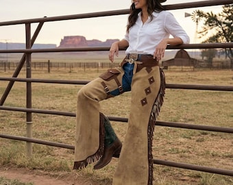 Custom Suede Leather Fringe Chaps, Handmade Western Cowgirl Chaps for Women, Personalized Cowboy Costume & Rodeo Riding Gear