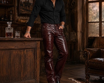 Men's Burgundy Crocodile Embossed Leather Pants, Handmade Custom Western Trousers, Cowboy Rodeo, Country Concert & Party Wear