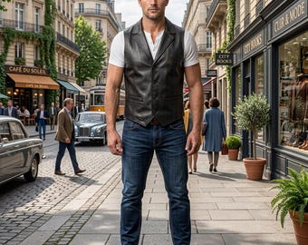 Black Genuine Leather Vest Men Notch Lapel Waistcoat Cowboy Western Biker Formal Suit Vest Gothic Sleeveless Jacket Custom Fit Size