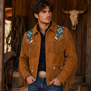 May include: A tan suede jacket featuring long fringe detailing along the chest and sleeves, accented by colorful geometric patterned panels on the shoulders. The jacket includes a button-front closure, two front pockets with flaps, and small beads.