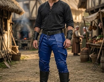 Custom Handmade Blue Leather Pants for Men, Lace Up Armor Trousers with Knee Pads, Medieval Warrior Costume