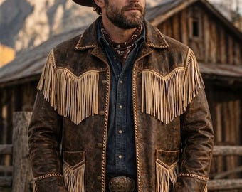 Custom Leather Fringe Jacket, Handmade Western Jacket for Men, Personalized Distressed Brown Cowboy Fringe Coat