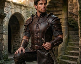 Custom Handmade Brown Genuine Leather Armor Tunic for Men, Medieval Knight Costume with Pauldrons and Chainmail Sleeves