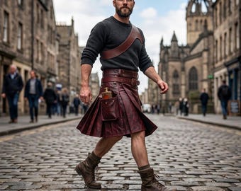 Mens Leather Utility Kilt, Handmade Oxblood Burgundy Cargo Pocket Kilt with Belt, Custom Gothic Steampunk Warrior Costume Gift
