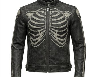Mens Skeleton Distressed Black Leather Biker Jacket Bone Print Motorcycle Cafe Racer Halloween Cosplay Coat Custom Fit Size