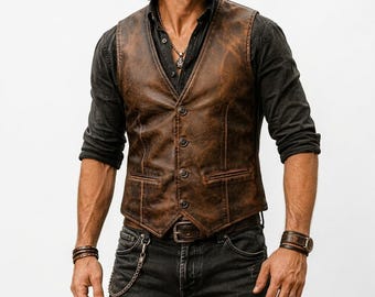 Mens Distressed Cognac Brown Lambskin Leather Vest Vintage Western Biker Motorcycle Waistcoat Antique Brass Buttons Custom Fit Size