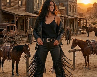 Black Genuine Leather Fringe Pants Western Chaps Style High Waist Tassel Pants Biker Rodeo Festival Trousers Custom Fit Size